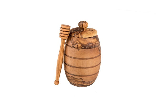OLIVE WOOD HONEY POT WITH COVER 3 X 25 X 5
