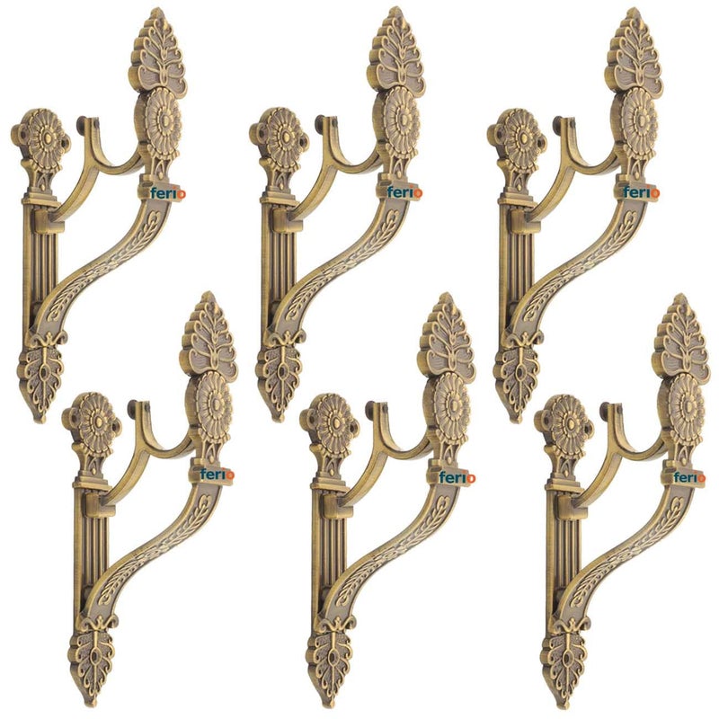 FERIO Heavy Zinc Alloy and Brass Antique Support Curtain Holder Set New Design for Door and Window Curtains Brackets Fitting for 1 Inch Single Rod Pocket Brass Antique (Pack of 6) - Image 2