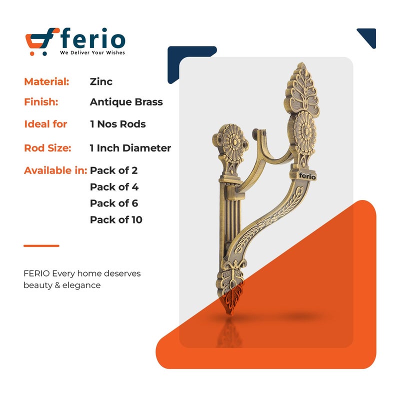 FERIO Heavy Zinc Alloy and Brass Antique Support Curtain Holder Set New Design for Door and Window Curtains Brackets Fitting for 1 Inch Single Rod Pocket Brass Antique (Pack of 6) - Image 4