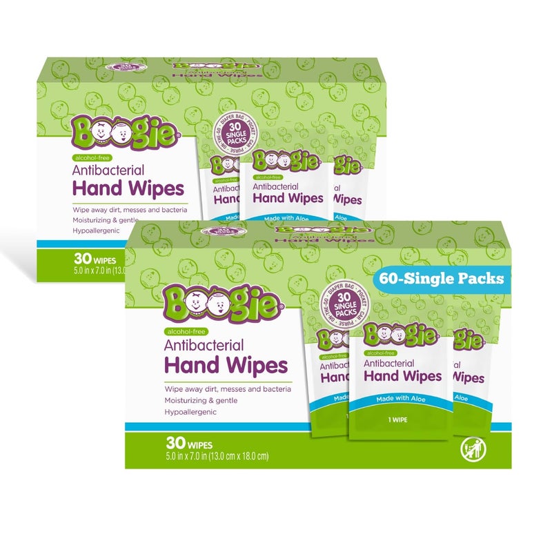 Boogie Antibacterial Hand Wipes, Alcohol Free, Hypoallergenic and Moisturizing Aloe, For Kids and Adults - 30 Wipes (Pack of 2) - Image 1
