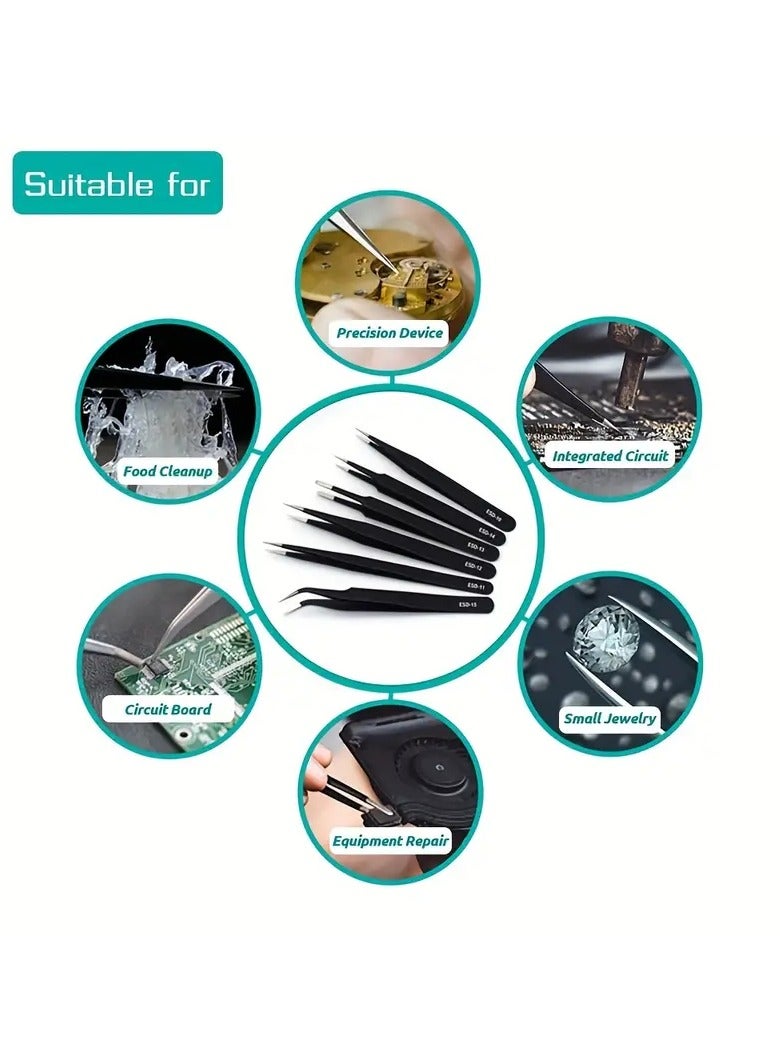 Generic 6 pieces long Precise Anti Static Tweezer Set Coated With Electromagnetic Discharge Safe Materials Made Of Stainless Steel Suitable For Repairing Electronics Welding Work Precision And Small Craft Handicrafts And In The Kitchen To Remove Fish Thistle  - Image 2