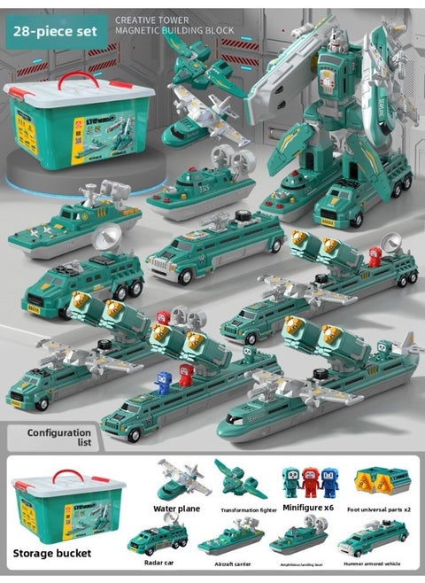 Children's Day 61 Gift Magnetic Building Block Splicing Toy Boy Assembled Engineering Vehicle Transforming Robot King Kong-Color:Sea, Land And Air Robot [28-piece Set] + Storage Bucket