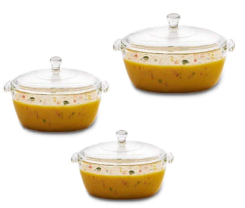 FIMBRIA Glass Casserole Pack of 31000ml Round Serving Rice Bowl with Glass Lid Oven and Microwave SafeSet of 3 - Image 1