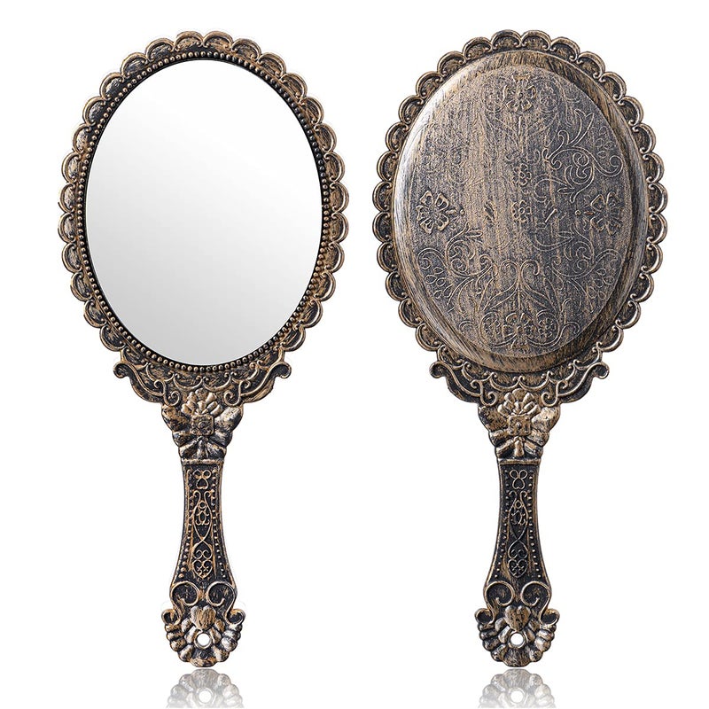 TOPYHL 2Pcs Vintage Handheld Mirror Decorative Mirrors For Face Makeup Cosmetic Mirror Hand Held Travel Mirrors Personal Cosmetic Mirror With Powder Puff(Bronze) - Image 1