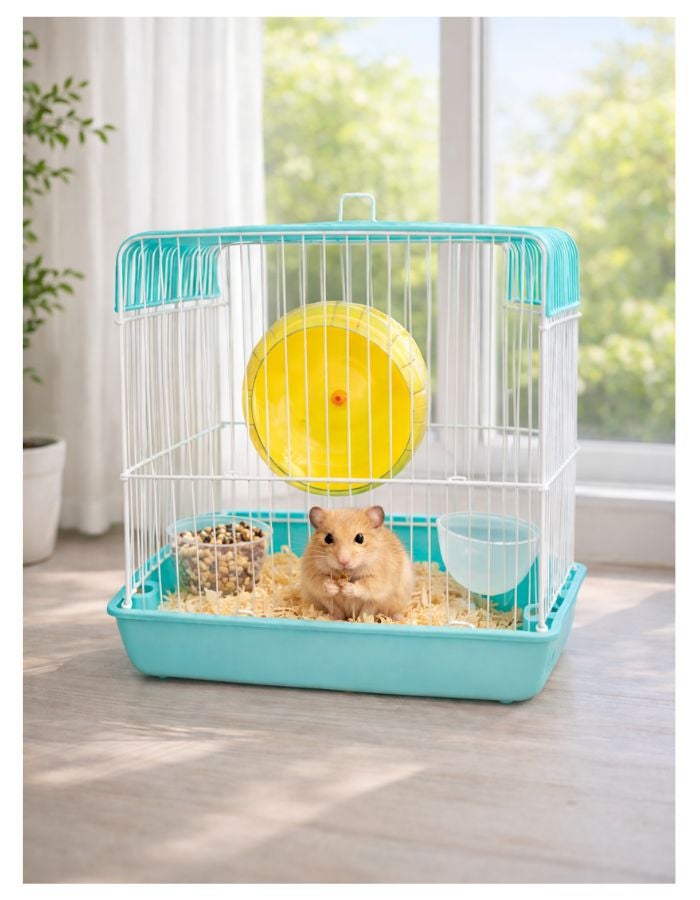 بيتو قفص هامستر صغير الحجم مزود بعجلة تمرين، تصميم من الأسلاك المعدنية، صينية قاعدة قابلة للإزالة، 22 × 16 × 19 سم - Image 1