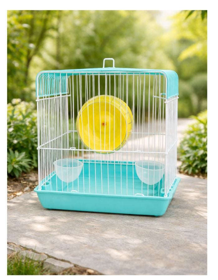 بيتو قفص هامستر صغير الحجم مزود بعجلة تمرين، تصميم من الأسلاك المعدنية، صينية قاعدة قابلة للإزالة، 22 × 16 × 19 سم - Image 2