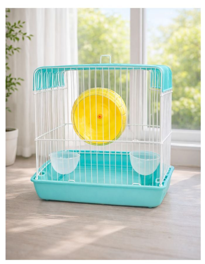 بيتو قفص هامستر صغير الحجم مزود بعجلة تمرين، تصميم من الأسلاك المعدنية، صينية قاعدة قابلة للإزالة، 22 × 16 × 19 سم - Image 3