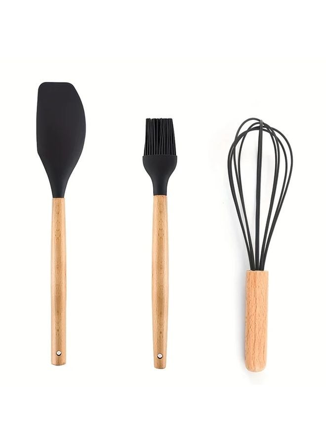 Black Wood Handle Heat Resistant Spatula Brush Whisk Set Baking Tools - Image 1