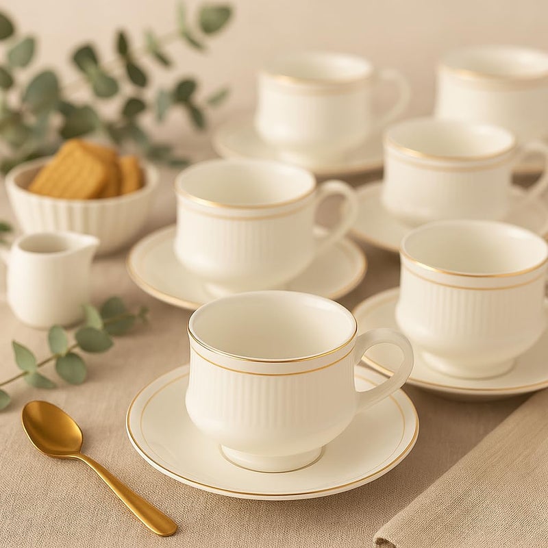 ORDER KARO Fine Tableware Bone China Cup and Saucer Set of 12 (6 Plates & 6 Cups) with Elegant Golden Line - 140 Ml - Image 1
