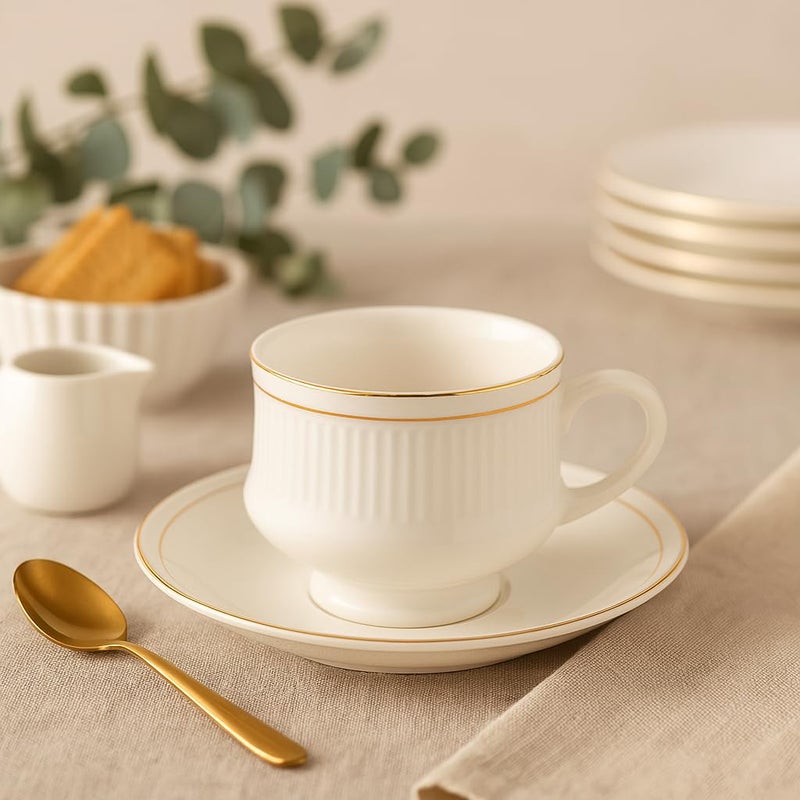 ORDER KARO Fine Tableware Bone China Cup and Saucer Set of 12 (6 Plates & 6 Cups) with Elegant Golden Line - 140 Ml - Image 2