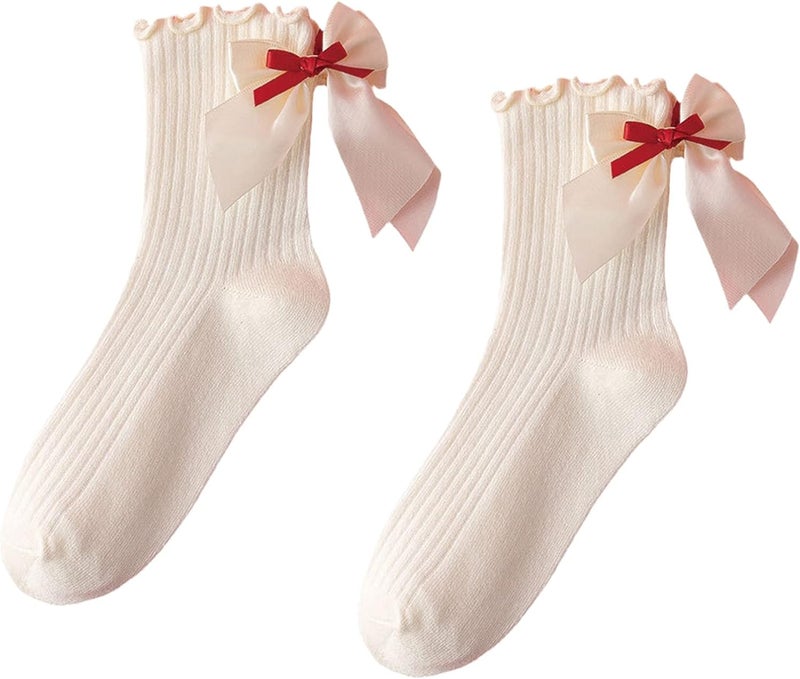 Women Ruffle Ankle Socks with Bowknot Winter Crew Socks Ruffle Frilly Cotton Socks Breathable Casual Sock - Image 1