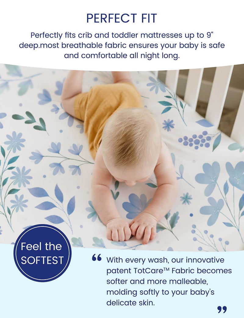 TotAha Premium Stretchy Crib Sheets (2-Pack)-Hypoallergenic, Silky Comfort, Buttery Soft, Calming Effect, All-Season Jersey-Knit Sheets, 28 X 52 X 9'' (Blue Flower & Small Floral) - Image 3