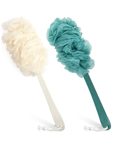 2 Pcs Body Bath Brush, Back Scrubber for Shower, Loofah Shower with Long Handle for Skin Exfoliating, PP Mesh, Blue Beige