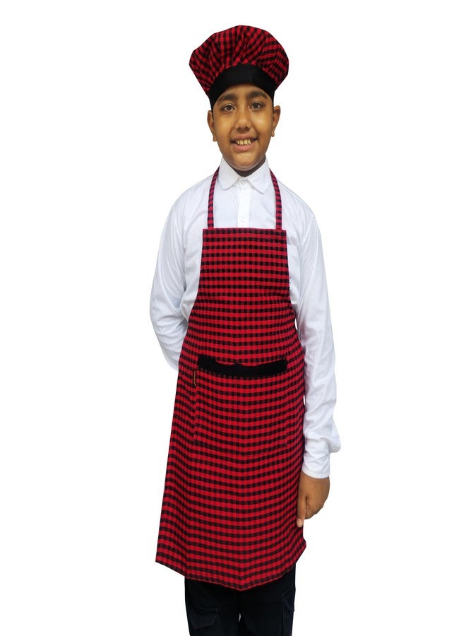 Switchon Waterproof Kids Multi Purpose Cooking Painting and School checkered kids Apron with Chef cap for 5 Yrs to 12 yrs (Maroon_Black) - Image 1