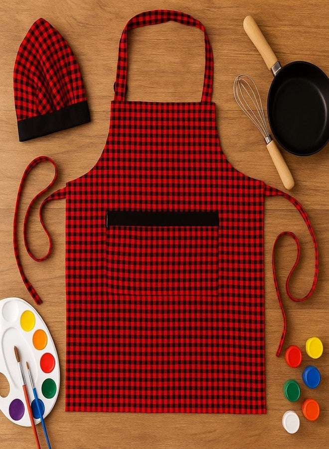 Switchon Waterproof Kids Multi Purpose Cooking Painting and School checkered kids Apron with Chef cap for 5 Yrs to 12 yrs (Maroon_Black) - Image 4