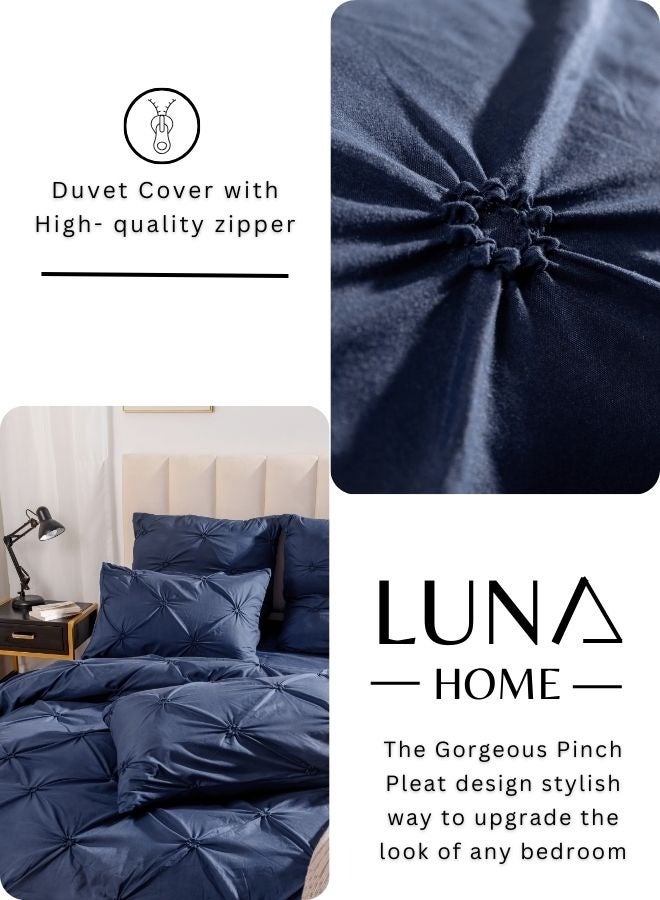 LUNA Home Premium 6 Piece King Size Duvet Cover Pinch Rose Design Solid Navy Blue  - Image 5