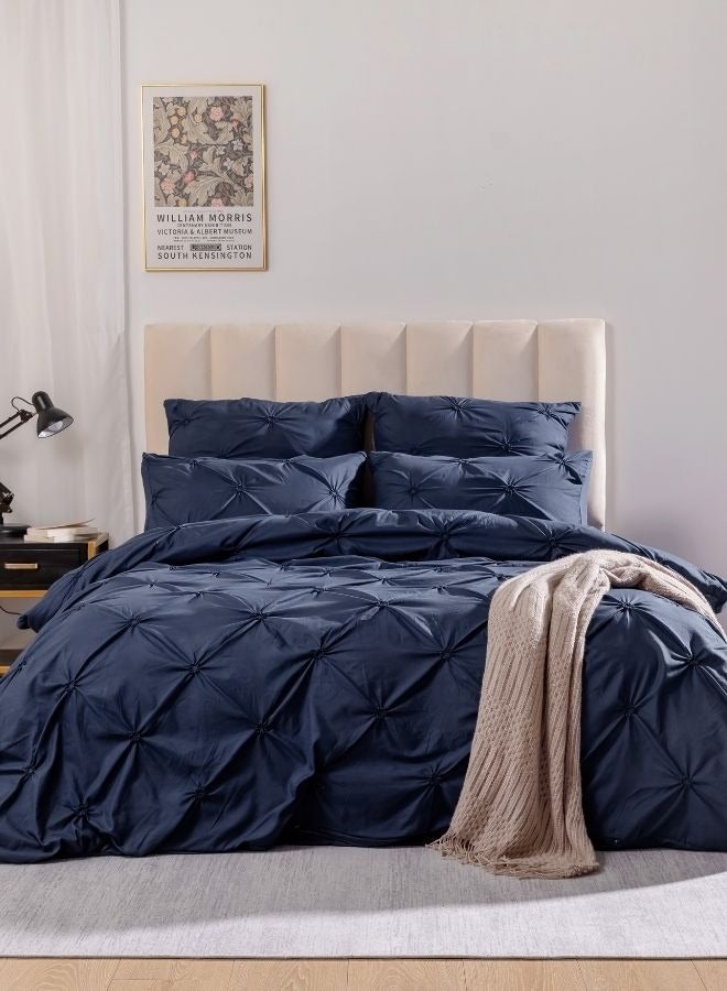 LUNA Home Premium 6 Piece King Size Duvet Cover Pinch Rose Design Solid Navy Blue  - Image 1