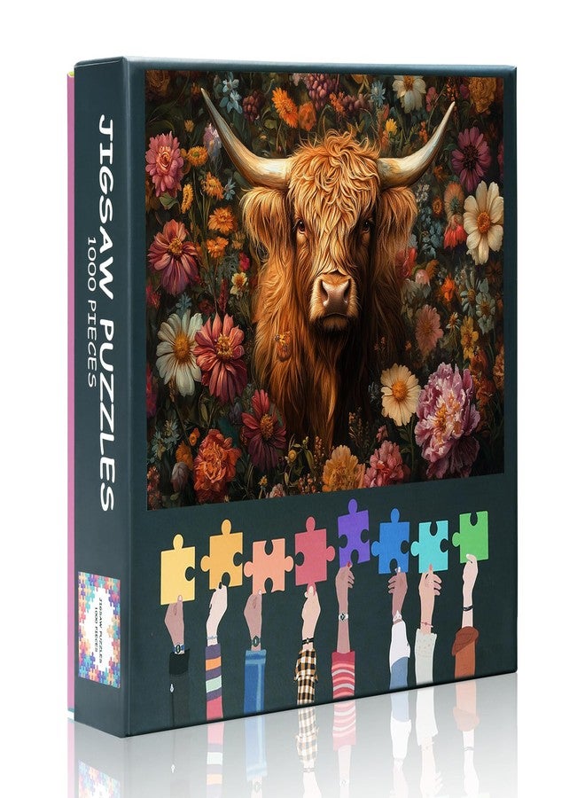 Rebotipy 1000 Piece Jigsaw Puzzle for Adults Schottish Highland Cow with Flowers Educational Game Challenge 1000 Pieces Puzzles for Adults Rompecabezas para Adultos Challenging Puzzles 50x70cm - Image 1
