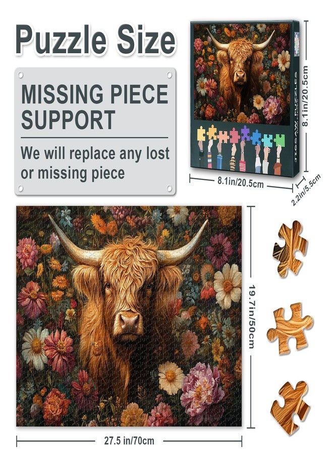 Rebotipy 1000 Piece Jigsaw Puzzle for Adults Schottish Highland Cow with Flowers Educational Game Challenge 1000 Pieces Puzzles for Adults Rompecabezas para Adultos Challenging Puzzles 50x70cm - Image 2