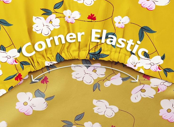VAS COLLECTIONS Premium Cotton Elastic Fitted Double Bedsheet Set – 160-210 TC, 72 x 68 + 6 Inches | Wrinkle-Free, Breathable, Floral Print with 2 Pillow Covers | Corner Fitted Sheet (Yellow & White) - Image 2
