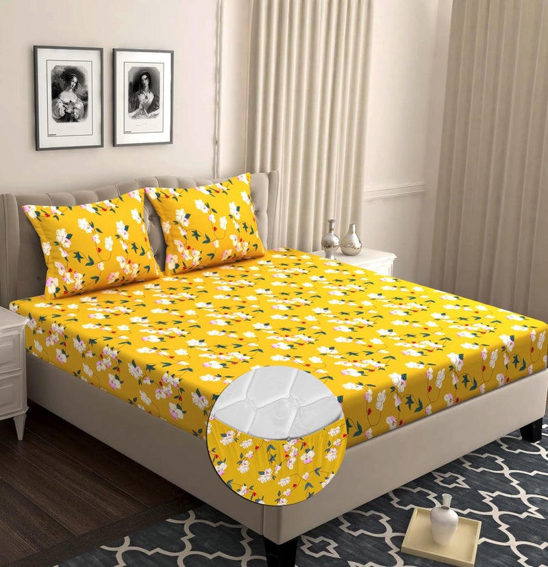 VAS COLLECTIONS Premium Cotton Elastic Fitted Double Bedsheet Set – 160-210 TC, 72 x 68 + 6 Inches | Wrinkle-Free, Breathable, Floral Print with 2 Pillow Covers | Corner Fitted Sheet (Yellow & White) - Image 1