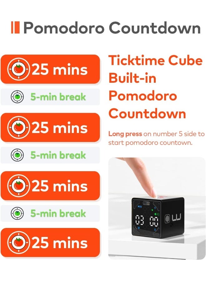Ticktime Cube Pomodoro Timer, Productivity Timer, Pause And Resume, Mute, Vibration And Adjustable Sound Alert, For Task, Work, Adhd, Add, Meeting, 1/3/5/10/15/25/45/60Min And Custom Countdown - Black  - Image 1