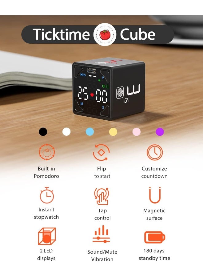 Ticktime Cube Pomodoro Timer, Productivity Timer, Pause And Resume, Mute, Vibration And Adjustable Sound Alert, For Task, Work, Adhd, Add, Meeting, 1/3/5/10/15/25/45/60Min And Custom Countdown - Black  - Image 3
