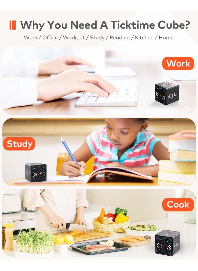 Ticktime Cube Pomodoro Timer, Productivity Timer, Pause And Resume, Mute, Vibration And Adjustable Sound Alert, For Task, Work, Adhd, Add, Meeting, 1/3/5/10/15/25/45/60Min And Custom Countdown - Black  - Image 5