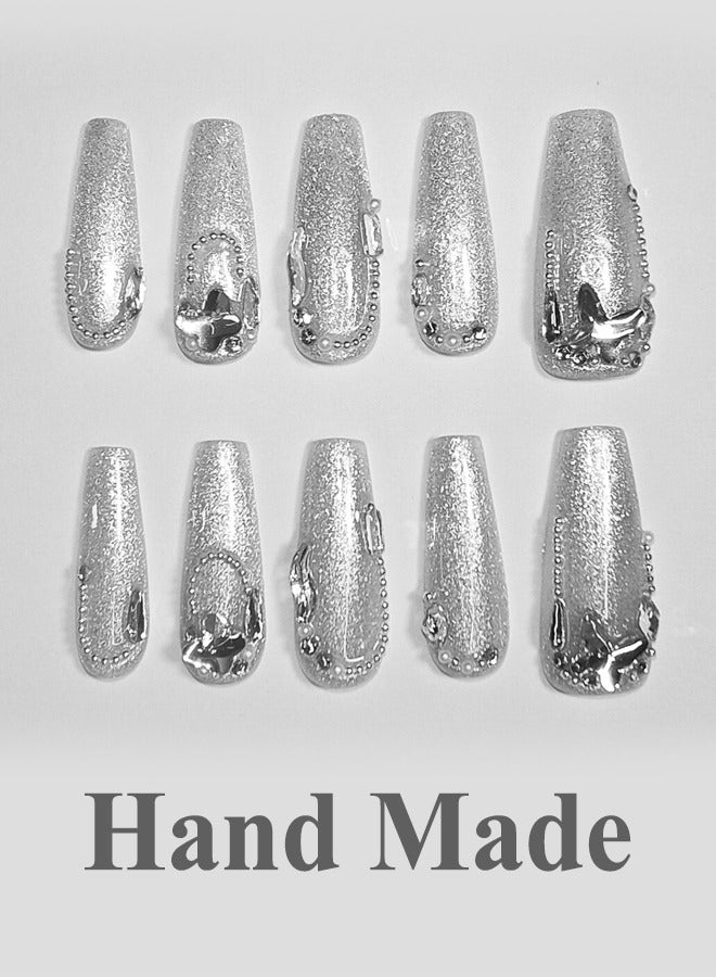 NIBEMINENT Press On Nails Long Handmade Soft Gel Fake Nails,Shining Silver Glitter False Nails,3D Butterfly Glossy Pearls Matal Glue on Nails Kit for Women,Two Sizes M&S,10PCS - Image 1