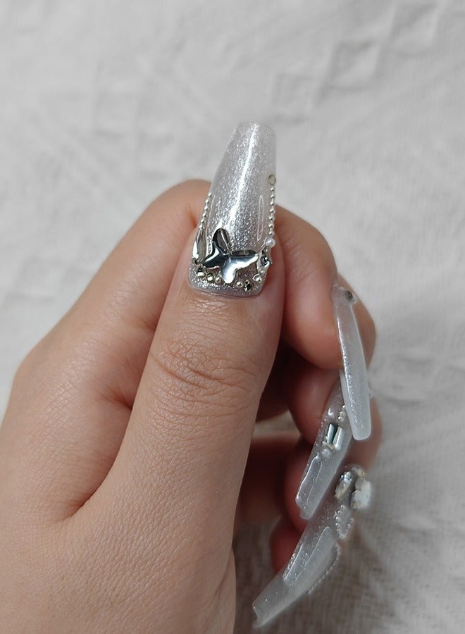 NIBEMINENT Press On Nails Long Handmade Soft Gel Fake Nails,Shining Silver Glitter False Nails,3D Butterfly Glossy Pearls Matal Glue on Nails Kit for Women,Two Sizes M&S,10PCS - Image 2