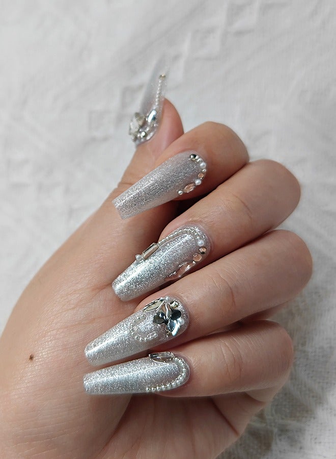 NIBEMINENT Press On Nails Long Handmade Soft Gel Fake Nails,Shining Silver Glitter False Nails,3D Butterfly Glossy Pearls Matal Glue on Nails Kit for Women,Two Sizes M&S,10PCS - Image 3
