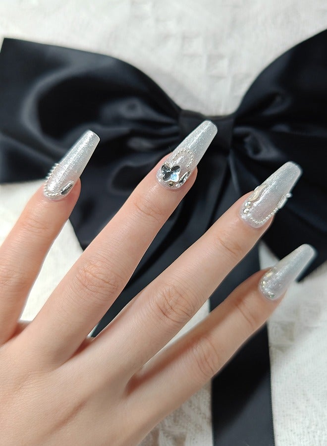 NIBEMINENT Press On Nails Long Handmade Soft Gel Fake Nails,Shining Silver Glitter False Nails,3D Butterfly Glossy Pearls Matal Glue on Nails Kit for Women,Two Sizes M&S,10PCS - Image 5