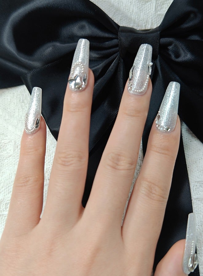 NIBEMINENT Press On Nails Long Handmade Soft Gel Fake Nails,Shining Silver Glitter False Nails,3D Butterfly Glossy Pearls Matal Glue on Nails Kit for Women,Two Sizes M&S,10PCS - Image 4