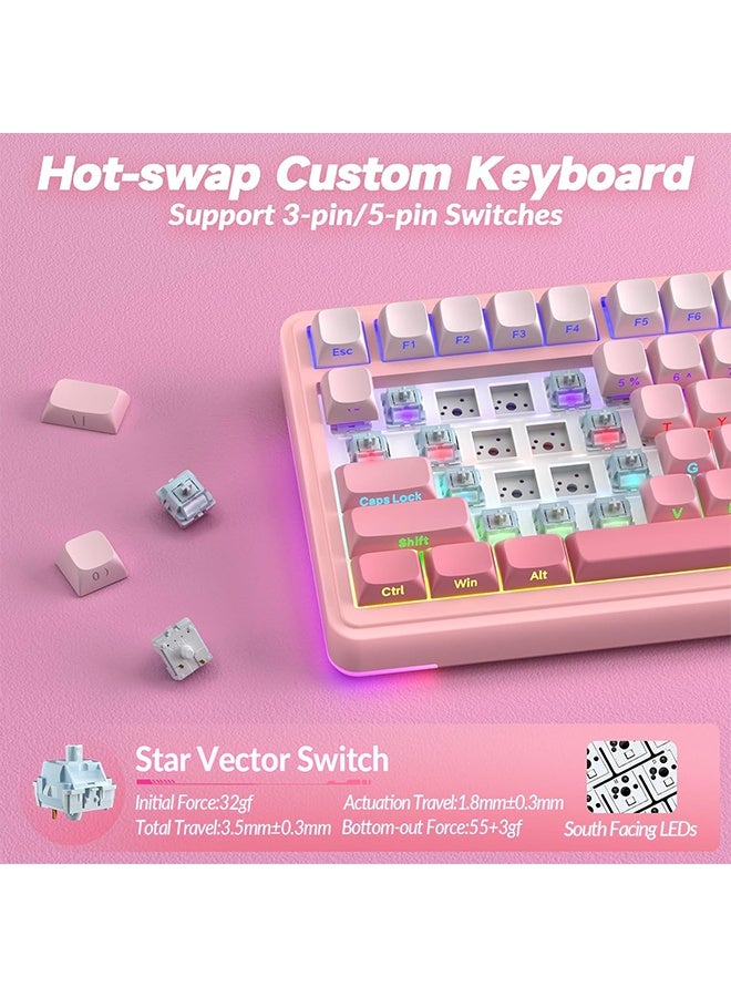 AULA S75 PRO Wireless Mechanical Keyboard with Screen&Knob, Tri-Mode Hot Swappable Gaming Keyboard 75%, Pre-lubed Switches, RGB Backlit, Side Printed PBT Keycaps, Creamy Sounding Pink Keyboards - Image 4