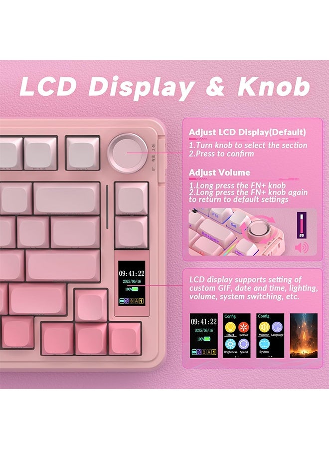 AULA S75 PRO Wireless Mechanical Keyboard with Screen&Knob, Tri-Mode Hot Swappable Gaming Keyboard 75%, Pre-lubed Switches, RGB Backlit, Side Printed PBT Keycaps, Creamy Sounding Pink Keyboards - Image 5