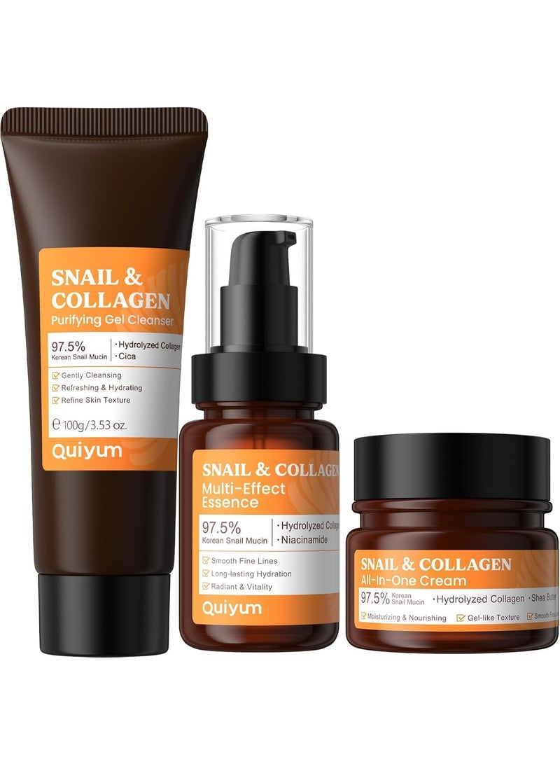 QUIYUM 97.5% Snail Mucin & Collagen Skincare Set, Pamper Gifts Set for Women Teenage Girls, Firming Snail Mucin Moisturiser,Gel Cleanser,Serum, Hydrating & Repair Routine for Dry Skin, Korean Skincare - Image 1