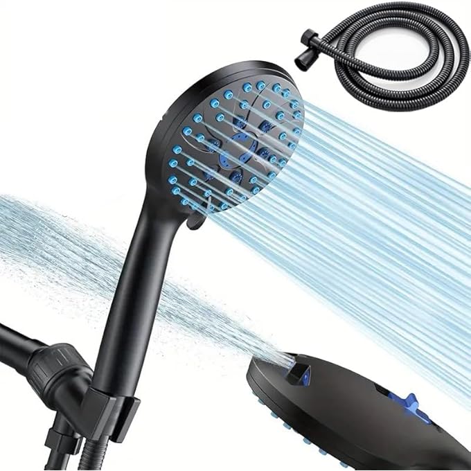High Pressure 7mode Handheld Shower Head  Anticlog Nozzles Builtin Power Wash to Clean Tub Tile  Pets Extra Long 492 ft Stainless Steel Hose Black