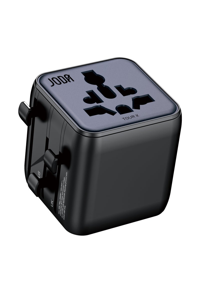 JODA TOUR X GaN All-in-One Travel Wall Charger - Universal Power Adapter with Dual AC Outlets, Fast Charging, and Multi-Plug Compatibility for over 200 Countries (USA, UK, EU, AUS) - Black - Image 1