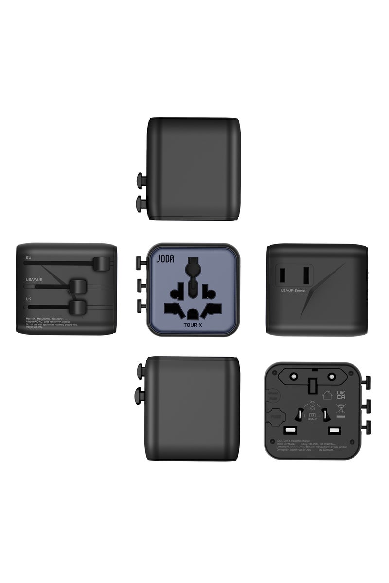 JODA TOUR X GaN All-in-One Travel Wall Charger - Universal Power Adapter with Dual AC Outlets, Fast Charging, and Multi-Plug Compatibility for over 200 Countries (USA, UK, EU, AUS) - Black - Image 4