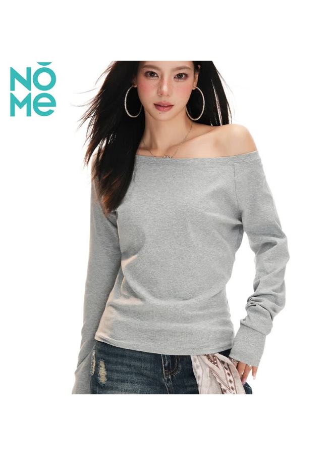 Nome Slanted Shoulder Top For Women, Elegant Early Autumn Base Layer, Inner Wear With Off-shoulder Design, Long-sleeve T-shirt, Gray, M - Image 2