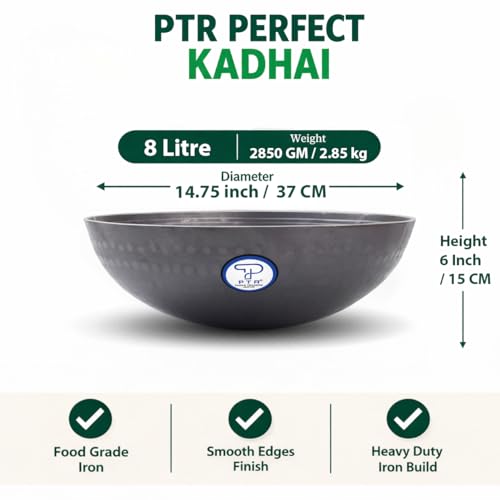PTR 14.75 Inch 8 Litre Hammered Iron Kadhai Original Lohe Ki Kadai Handle-Free Deep Frying Pan for Roasting Frying Heavy Base Gas and Induction Compatible Food Grade Iron Smooth Edge - Image 2