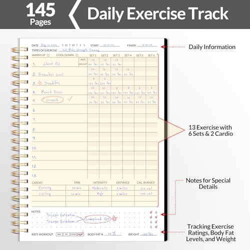 SUNEE Fitness Journal Workout Planner for Women & Men, A5 (6.4" x 8.3") Workout Journal Log Book Planner Gift for Track Gym Essentials, Home Workouts, Track Progress, Achieve Wellness Goals, Black - Image 2