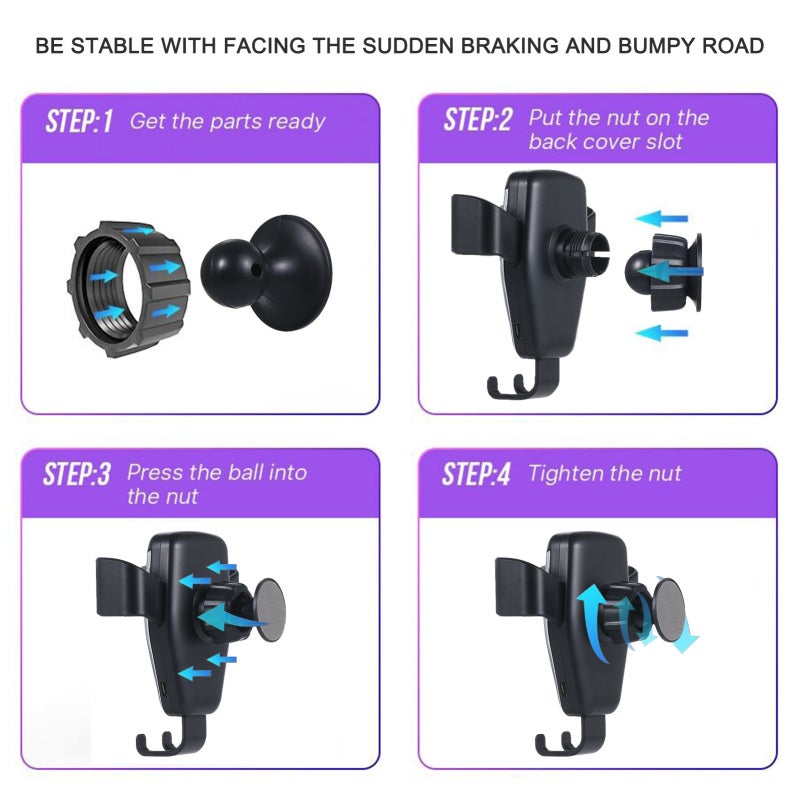 Car Wireless Charger: Black Fine Quality Dirt & Abrasion-Resistant Material, 8mm Sensing Distance - Auto-Clamp Sensitive Switch, Car Phone Holder for Wireless Charging Enabled Phones - Image 2