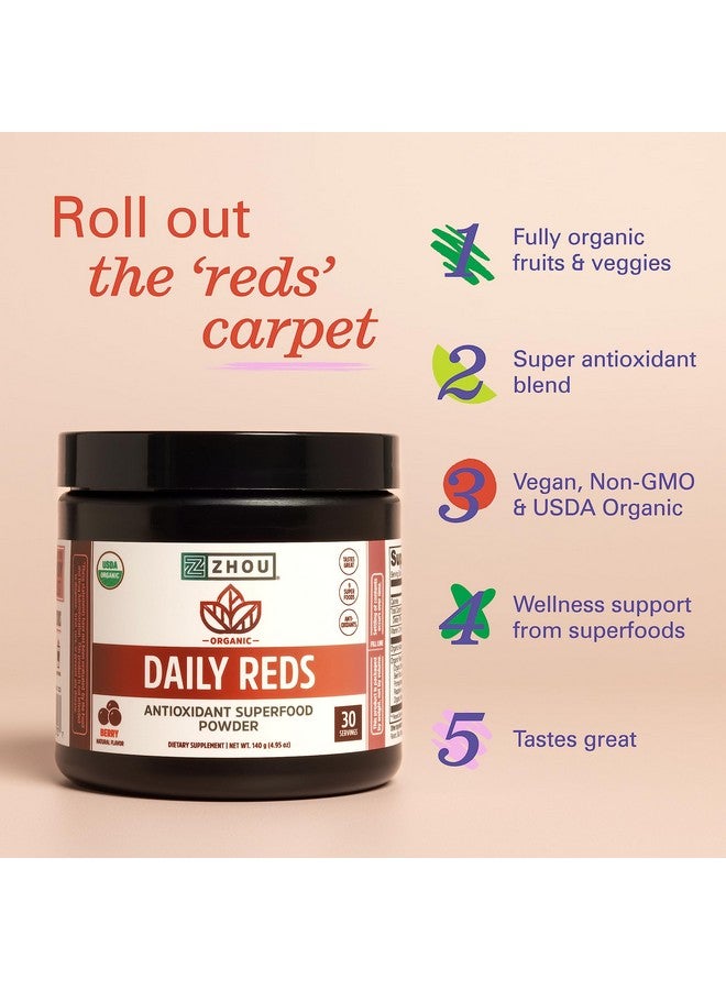 Zhou Nutrition USDA Organic Reds Antioxidant Superfood Powder, Vitamin C, Organic Tart Cherry, Beetroot, Cranberry, Goji Berry and More, Fiber, Immune Support, Non-GMO, Vegan, 30 Servings - Image 3