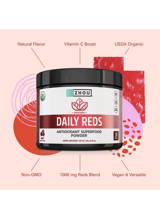 Zhou Nutrition USDA Organic Reds Antioxidant Superfood Powder, Vitamin C, Organic Tart Cherry, Beetroot, Cranberry, Goji Berry and More, Fiber, Immune Support, Non-GMO, Vegan, 30 Servings - Image 4