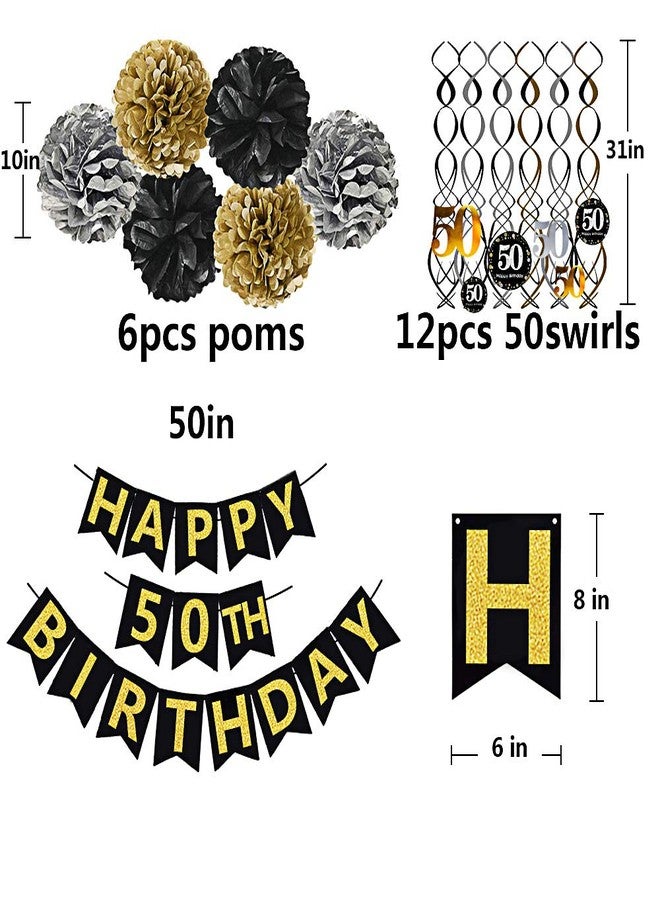 Famoby Black & Gold Glittery Happy 50th Birthday Banner,Poms,Sparkling 50 Hanging Swirls Kit for 50th Birthday Party 50th Anniversary Decorations Supplies - Image 4