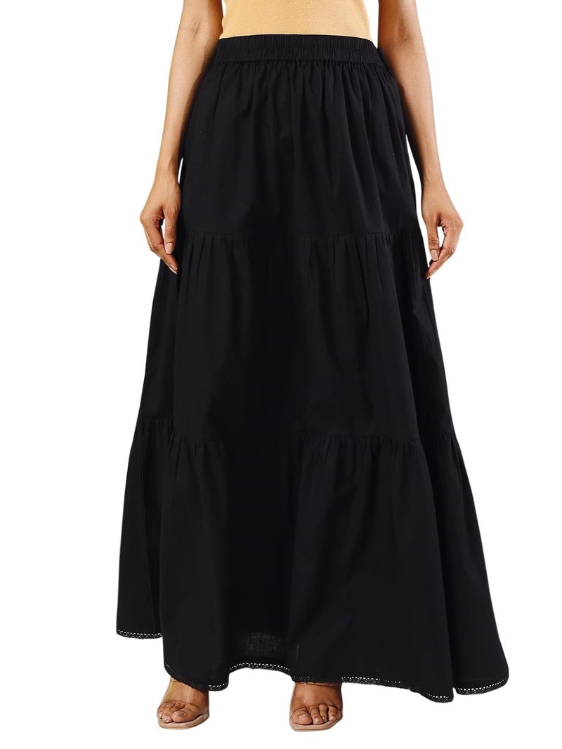 FIORRA Women's Black Cotton Tiered Maxi Skirt BTM026 - Image 1