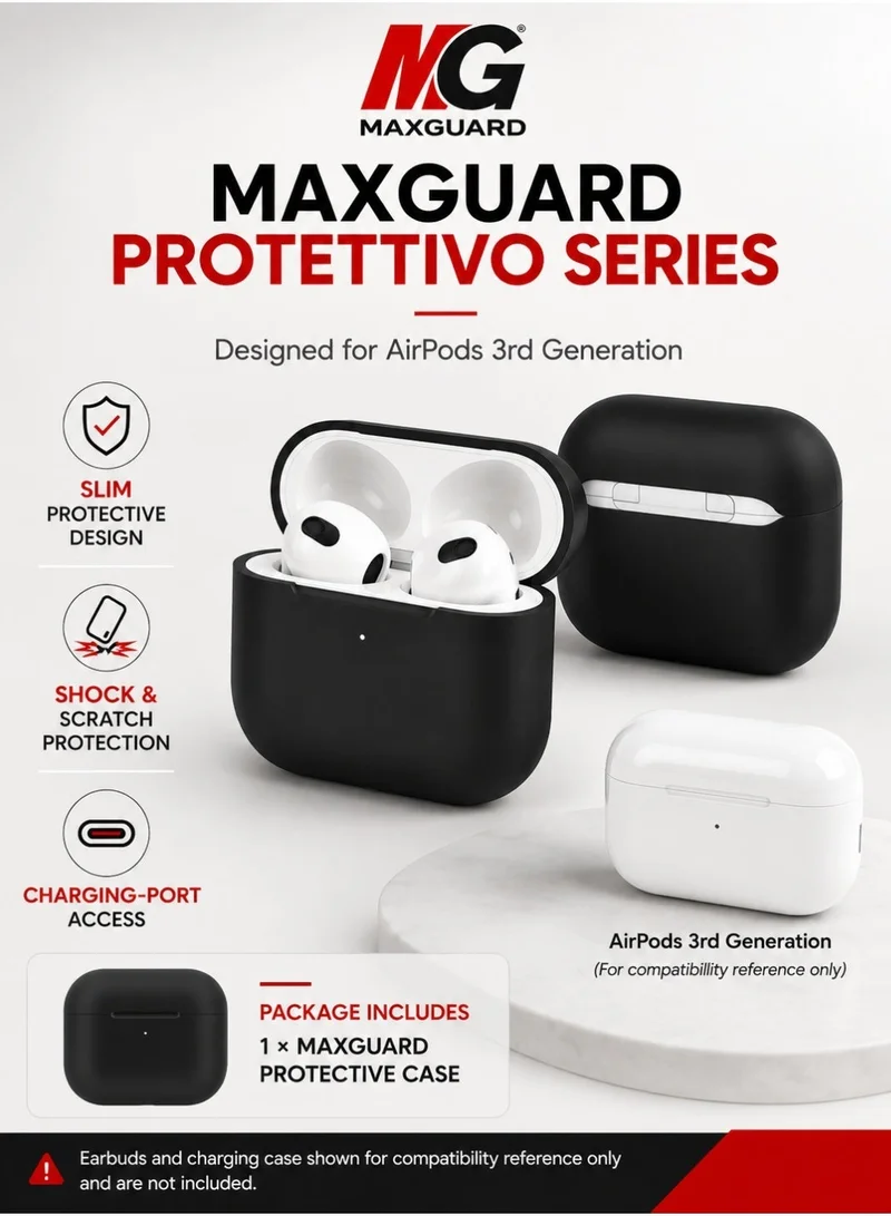 MG Maxguard Protettivo Series Case for AirPods 3 (3rd Gen), Shockproof Anti-Lost Protective Cover, Slim Secure Fit with Charging Port Access - Black