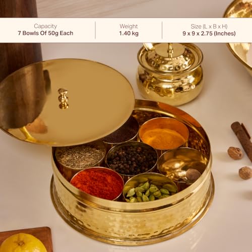 P-TAL Brass Masala Box for Kitchen with Spoon Masala Dani Spice Box Set Anjarai Petti Masala Dabba Ptal Brass Utensils for Kitchen (7 Containers 50 gm each) - Image 3