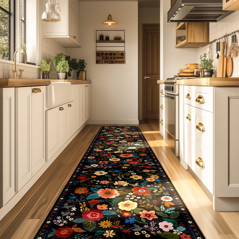 RELEANY Washable Area Rug  Runner Rug  Round Rug  Non Slip Boho Floral Vintage 2x6 Runner Rug for Entrance  Hallway  Bedroom  Kitchen Rugs  Low Pile Carpet Indoor-Black - Image 1